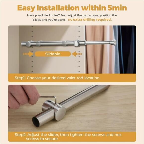 Pull Out Closet Valet Rod 12 Inch Stainless Steel Clothes Hanger Organizer Silve - Picture 7 of 8